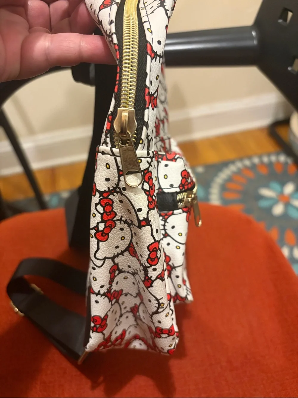 Hello Kitty NWOT White and Red Patterned Mini Backpack with Gold Accents